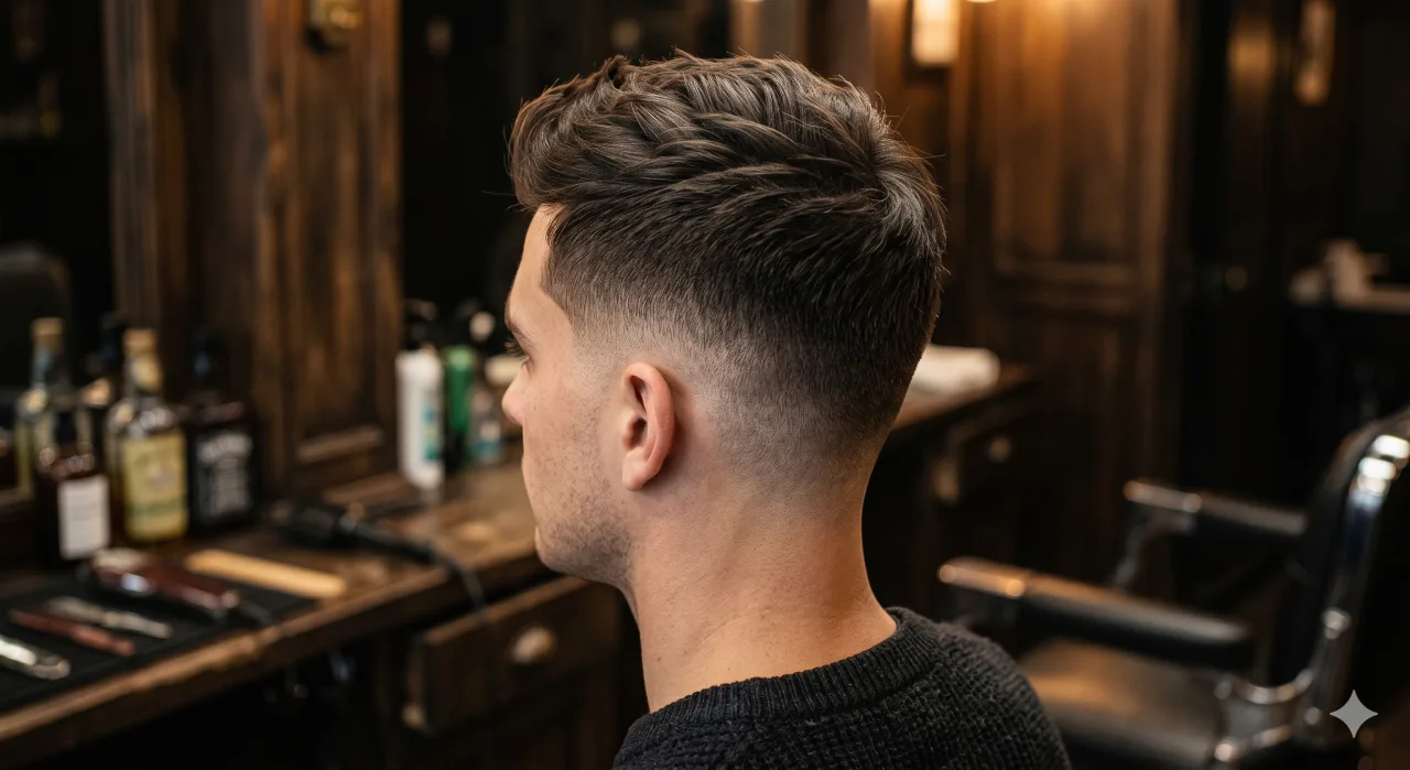 Classic fade cut with a #1 guard at the lowest point blending up into longer hair on top